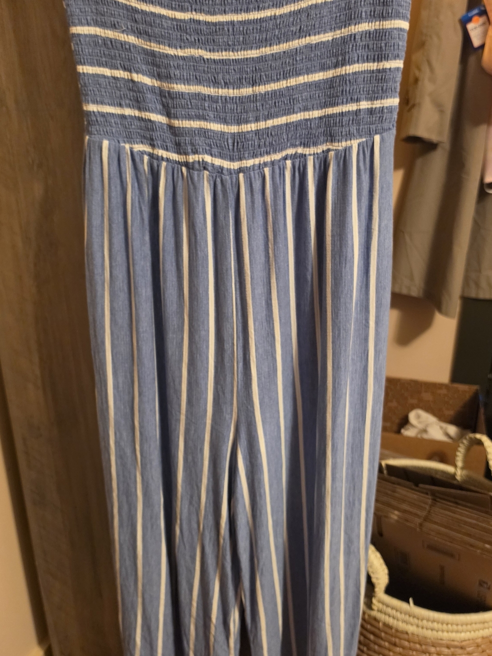 Hem & Thread Blue and White Strapless Striped Jumpsuit